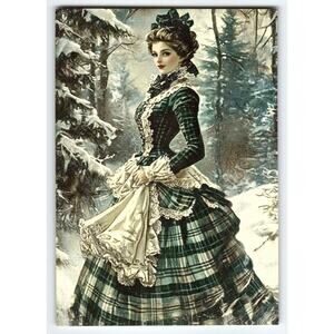 Vintage Victorian Lady Christmas Lithograph Postcard 5.5x4"